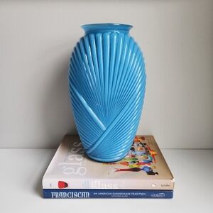 Vintage Anchor Hocking Art Deco Cerulean Teal Blue Draped Pleated Glass Vase